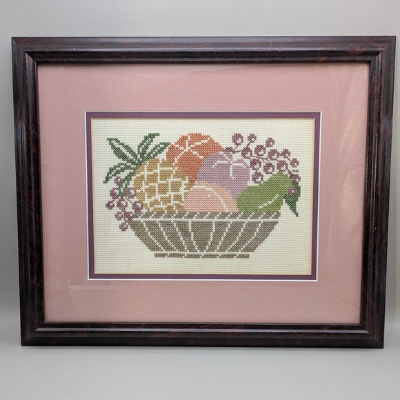 Other - Vintage Handmade Fruit Bowl Cross Stitch Framed Wall Art Kitchen Decor 15x12